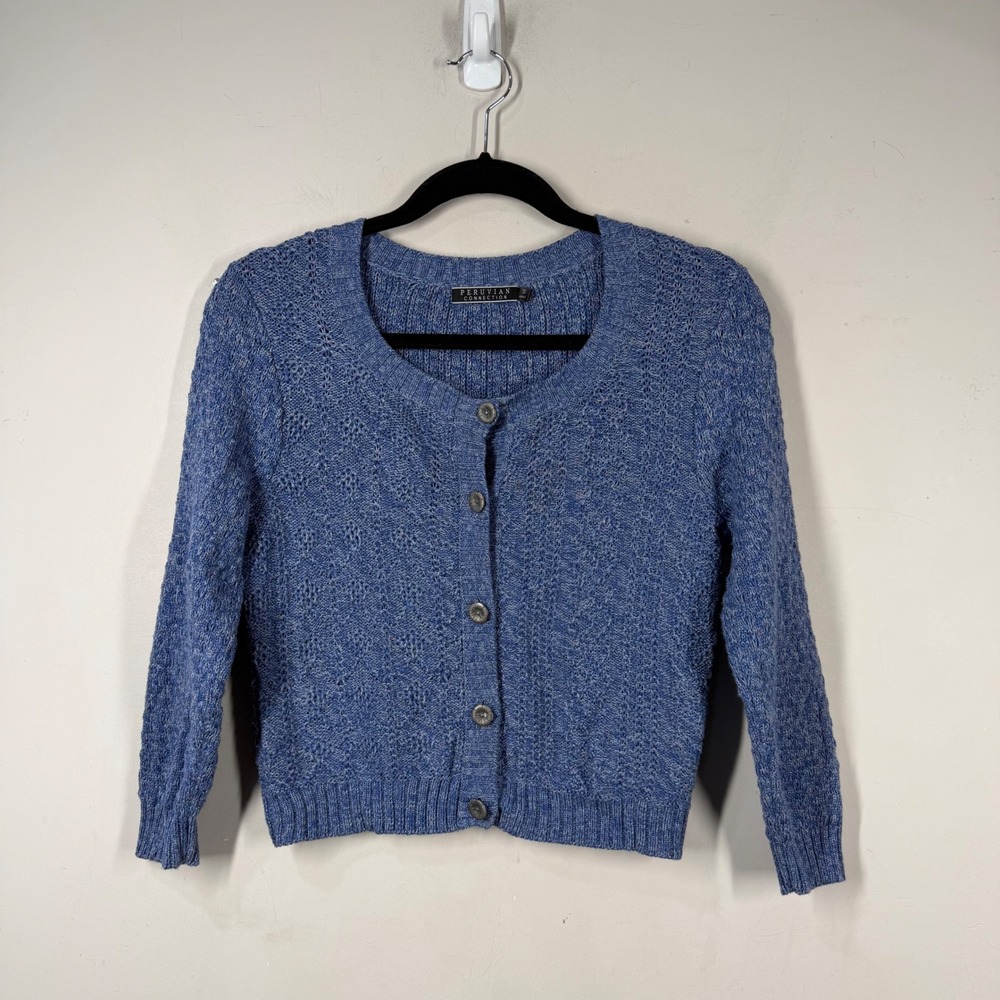 Peruvian Connection Blue Pima Cotton Cropped Cardigan Sweater Pointelle Small
